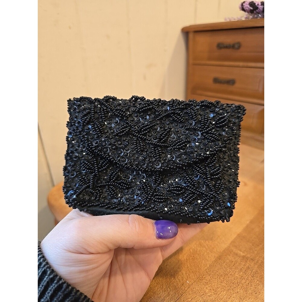 1950's Handmade Black Beaded Coin & Lipstick Small Purse Classy Tiny Night Life